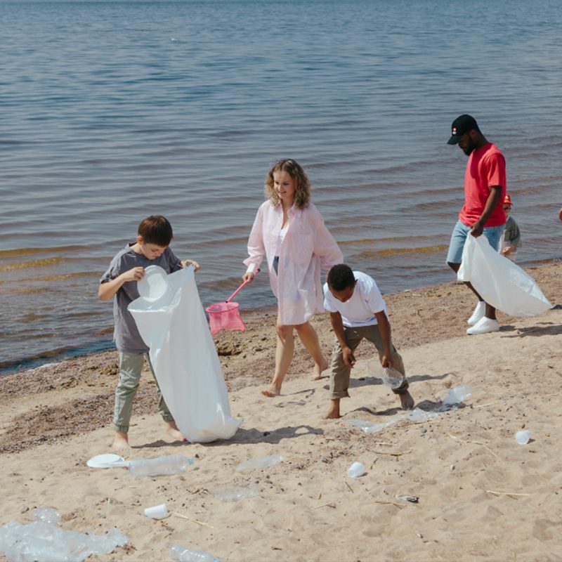 group of people cleaning up the beach Group of people removing the trash