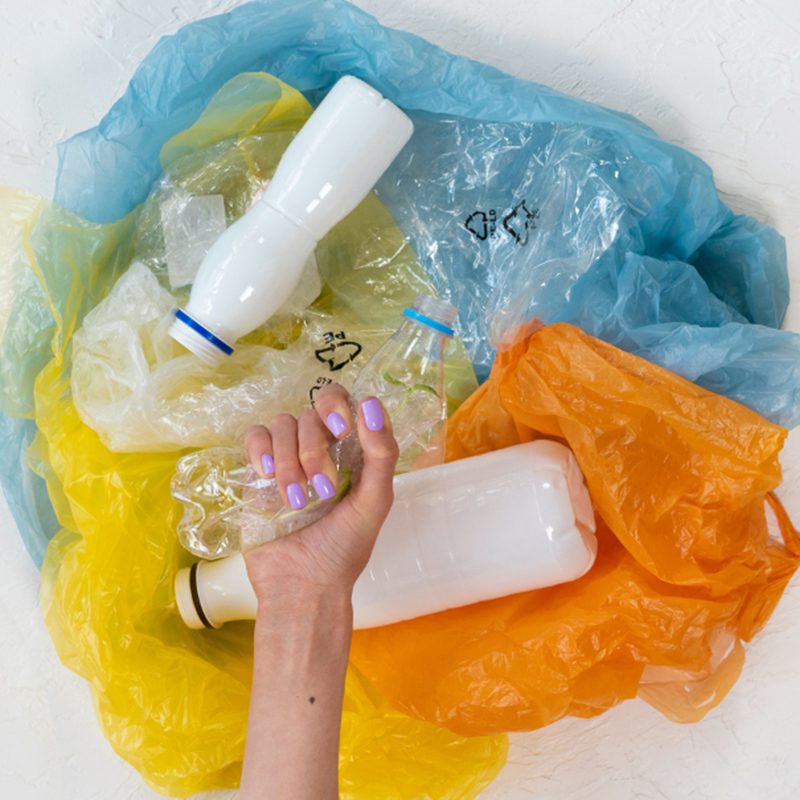 person putting all recycle together a woman putting plastic together