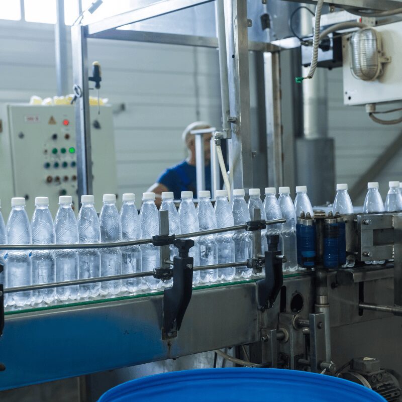 view of plastic water bottle production