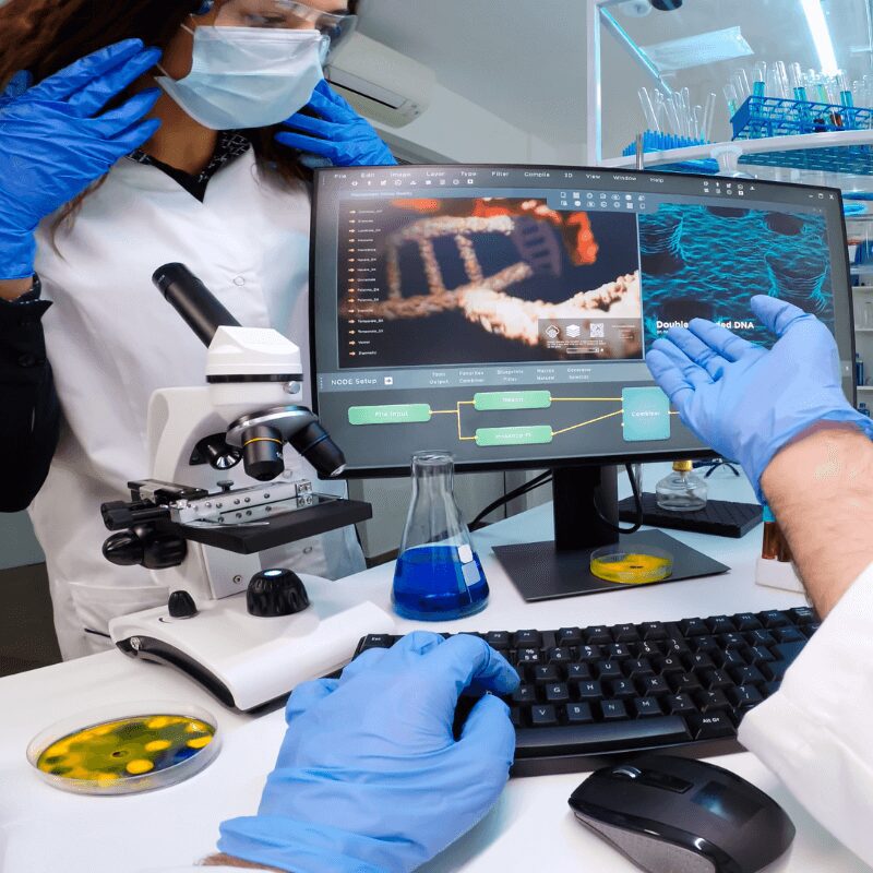 pov-of-scientists-team-worried-about-virus-evolution (1) Scientists studying in DNA in the lab