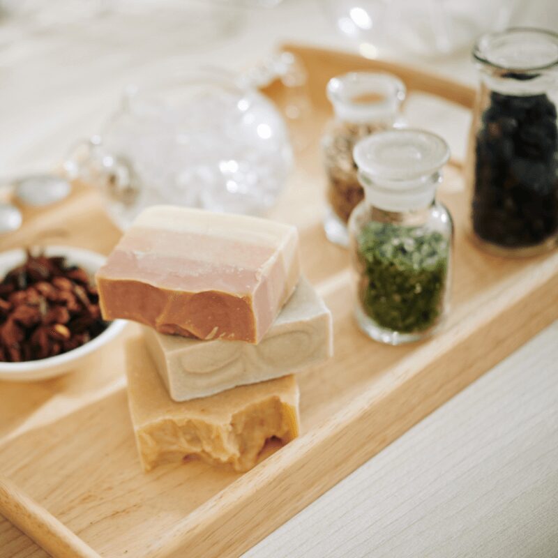 soap bars on a wooden tray for display